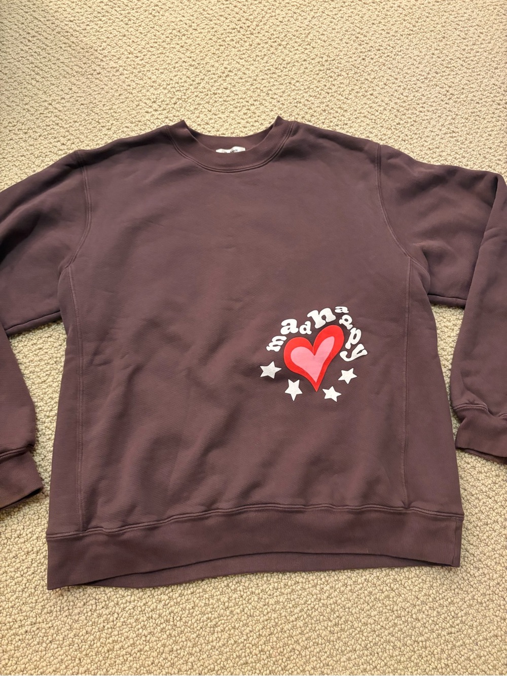 MADHAPPY Heart Graphic Crewneck Sweatshirt in brown